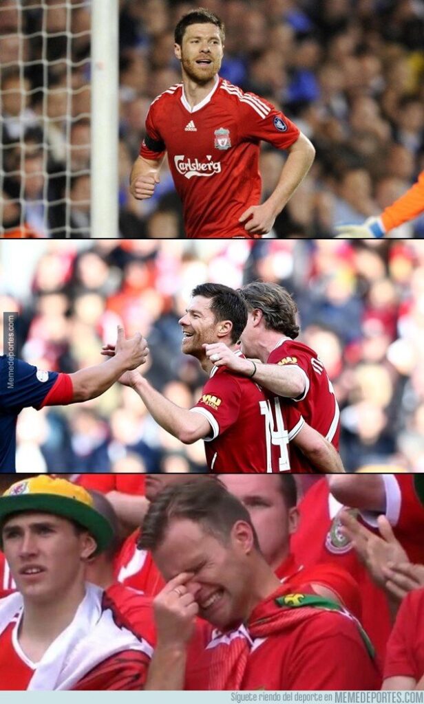 Three-panel collage of a Liverpool midfielder celebrating a goal, being congratulated by teammates, and a tearful Liverpool supporter in the stands