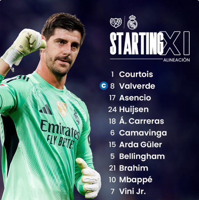 Real Madrid lineup vs Rayo Vallecano: Courtois; Valverde (C), Asencio, Huijsen, Á. Carreras; Camavinga, Arda Güler, Bellingham; Brahim, Mbappé, Vini Jr