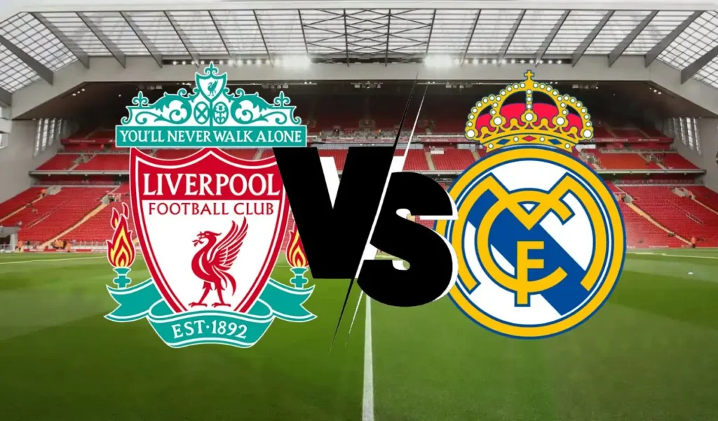 Liverpool and Real Madrid crests facing off over an empty Anfield pitch