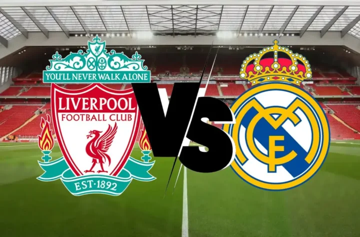 Liverpool and Real Madrid crests facing off over an empty Anfield pitch