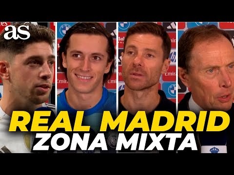 Collage of four people speaking in a post-match media area with the words “REAL MADRID ZONA MIXTA”.