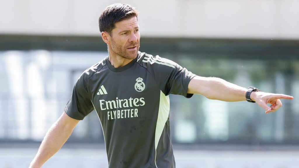 Xabi Alonso pointing while directing a Real Madrid training session in club gear - What Xabi Alonso Said After Real Madrid 0-2 Celta
