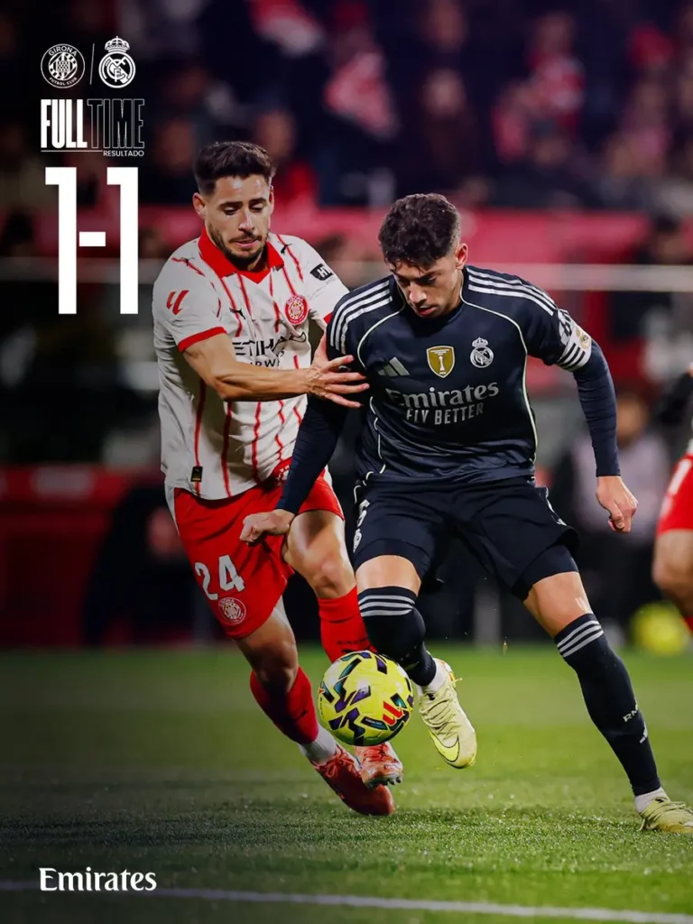 Girona vs Real Madrid player ratings :Graphic showing a Girona defender and a Real Madrid attacker battling for the ball during a 1–1 draw, with the full-time score displayed on the left.
