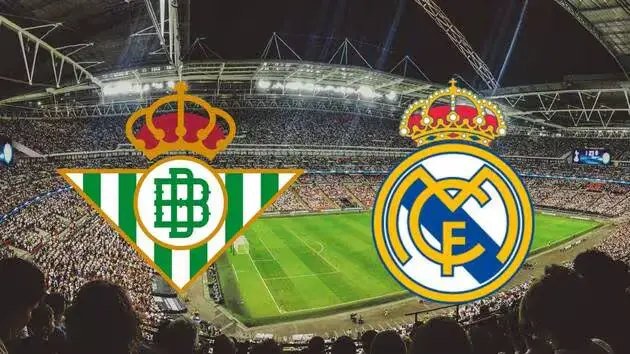 Betis and Real Madrid logos displayed over a stadium background before their La Liga match