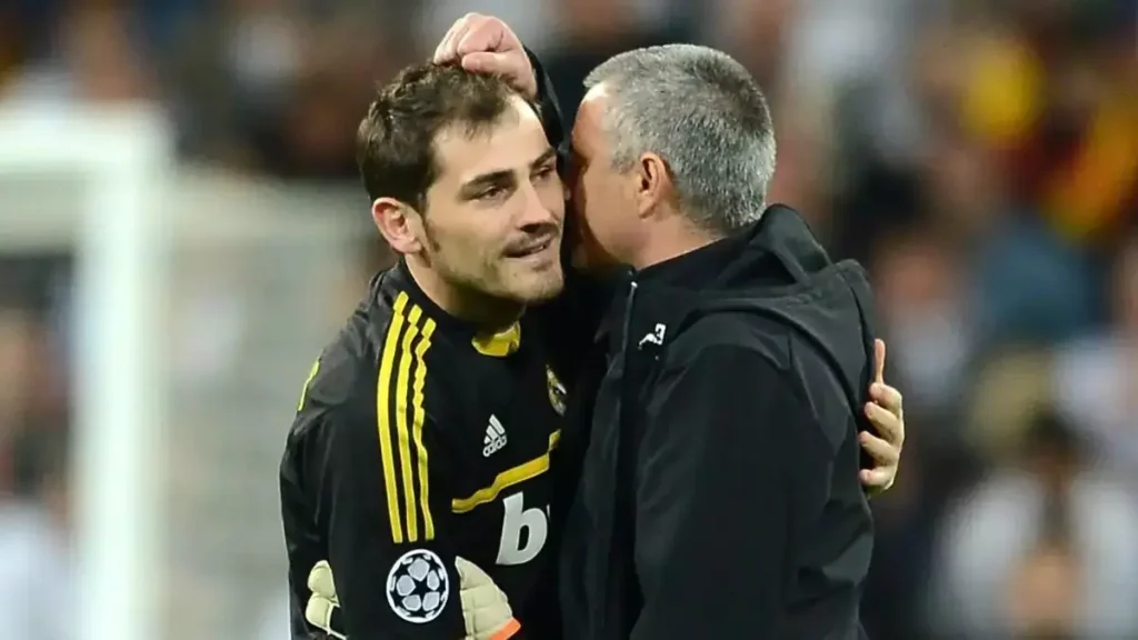 Archival Real Madrid image showing a goalkeeper and coach during a tense moment amid Mourinho return rumors
