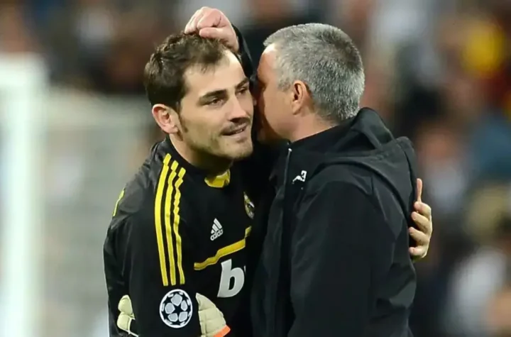 Archival Real Madrid image showing a goalkeeper and coach during a tense moment amid Mourinho return rumors