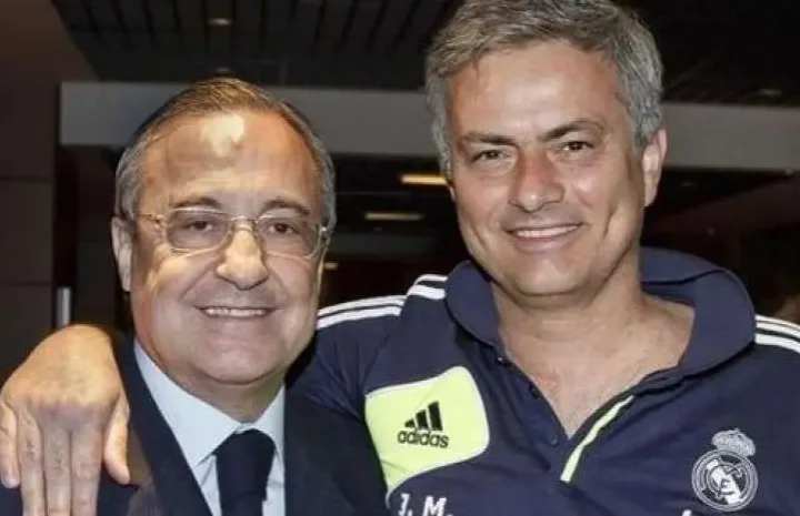 Former Real Madrid coach poses alongside the club president in an archival image