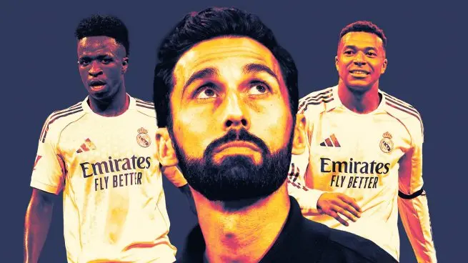 Stylized graphic of a Real Madrid coach centered between two players in white home kits