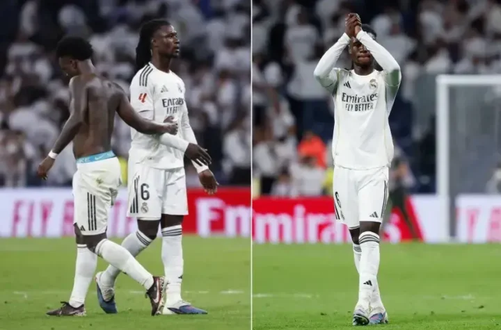 Split image of Real Madrid players reacting on the pitch, with one applauding the crowd after the match-Eduardo Camavinga criticism