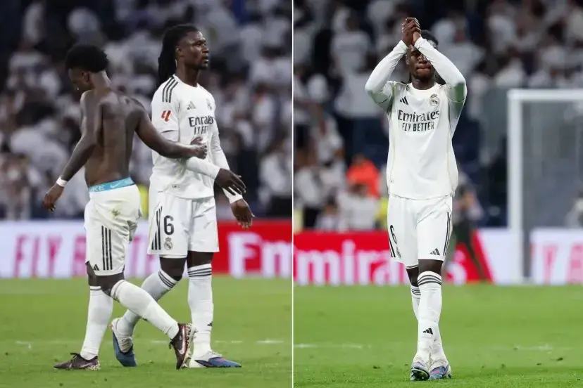 Split image of Real Madrid players reacting on the pitch, with one applauding the crowd after the match-Eduardo Camavinga criticism