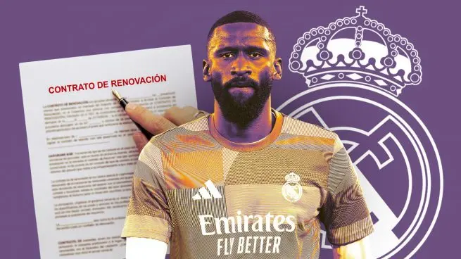 Antonio Rudiger Real Madrid renewal talks graphic with contract document and Real Madrid background