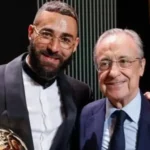 Benzema backs Florentino Perez in a photo showing the former Real Madrid striker alongside the club president