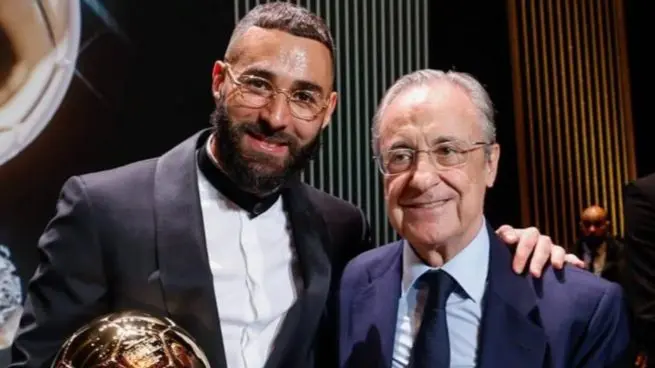 Benzema backs Florentino Perez in a photo showing the former Real Madrid striker alongside the club president