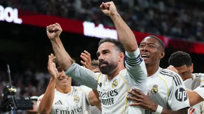 Real Madrid players celebrate during Dani Carvajal farewell at the Santiago Bernabéu