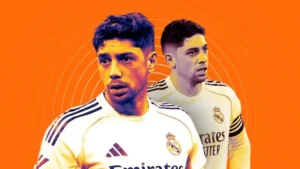 Fede Valverde Real Madrid future graphic showing the midfielder in two Real Madrid kit images