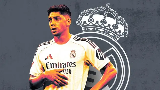 Fede Valverde future at Real Madrid editorial graphic featuring a Real Madrid player in front of the club crest
