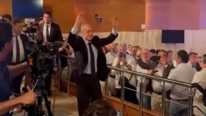 Florentino Perez Real Madrid election launch image showing the club president greeting supporters during his campaign presentation