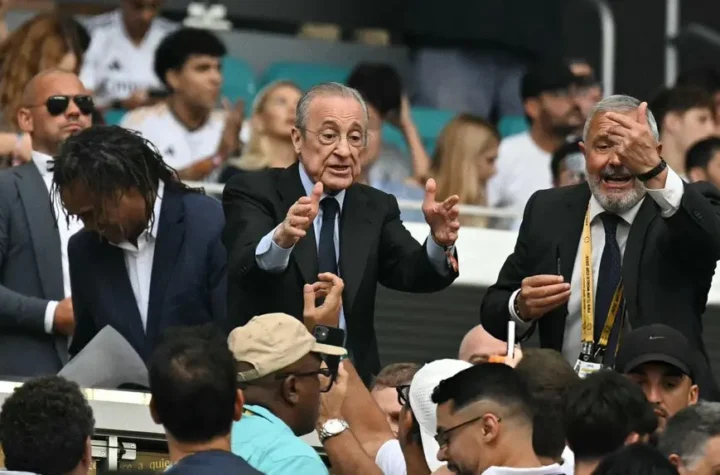 Featured image for Florentino Perez Real Madrid elections coverage during a tense moment involving club officials and supporters