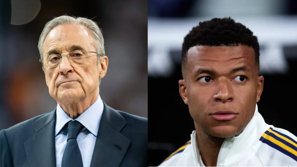 Split image showing a club president and a Real Madrid player in a portrait-style graphic