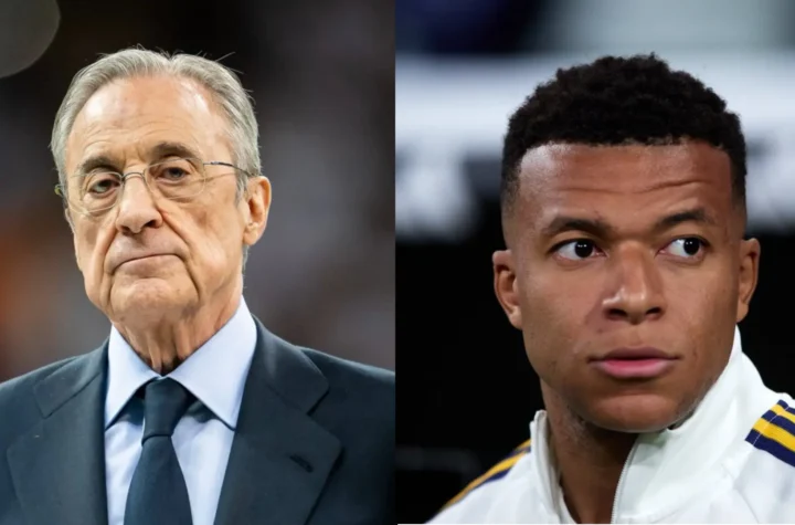 Split image showing a club president and a Real Madrid player in a portrait-style graphic