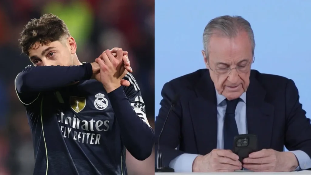Split featured image for Florentino Perez on Valverde and Tchouameni coverage showing a Real Madrid player on the left and a club official speaking on the right