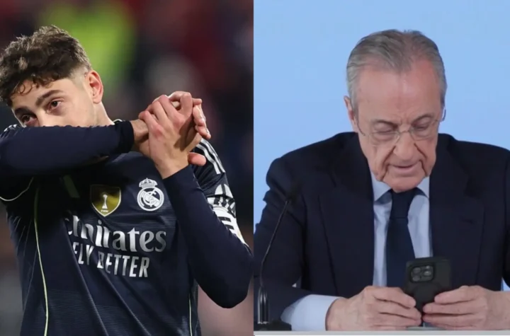 Split featured image for Florentino Perez on Valverde and Tchouameni coverage showing a Real Madrid player on the left and a club official speaking on the right