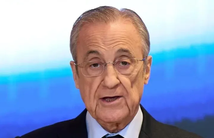 Florentino Perez press conference image as the Real Madrid president speaks during a surprise media appearance.