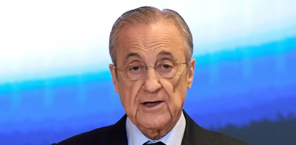 Florentino Perez press conference image as the Real Madrid president speaks during a surprise media appearance.