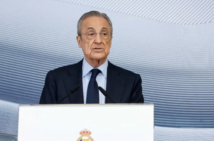 Florentino Pérez press conference featured image showing a speaker at a Real Madrid podium during a tense public appearance