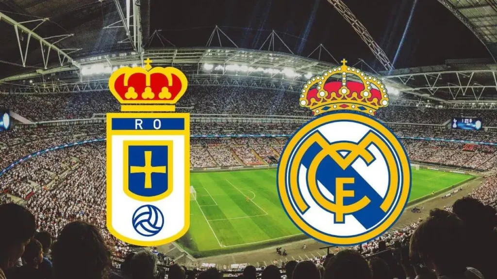 How to watch Real Madrid vs Oviedo match graphic showing the Real Oviedo and Real Madrid crests over a packed stadium