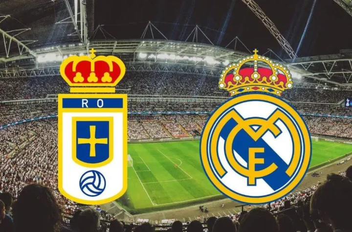 How to watch Real Madrid vs Oviedo match graphic showing the Real Oviedo and Real Madrid crests over a packed stadium