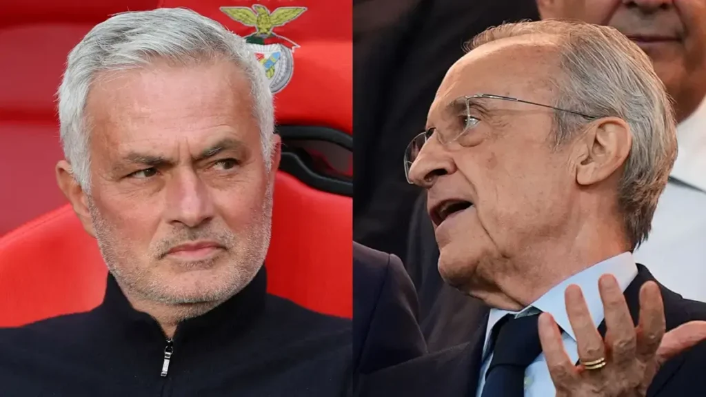 Jose Mourinho Real Madrid return story image showing a suited Real Madrid club executive speaking at a podium