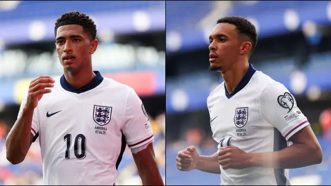 Split image for the Jude Bellingham England World Cup squad story showing two England players in white national-team shirts