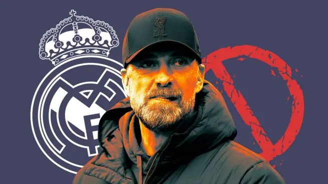 Illustration for Jurgen Klopp Real Madrid showing a coach in front of the Real Madrid crest with a red prohibition symbol