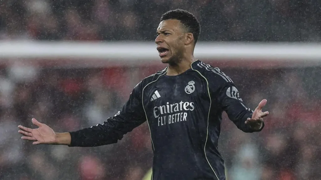 Kylian Mbappe sale talk image showing the Real Madrid forward reacting during a match amid fresh scrutiny over his future.