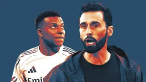 Stylized graphic of Kylian Mbappe and Alvaro Arbeloa illustrating the Mbappe Arbeloa misunderstanding at Real Madrid