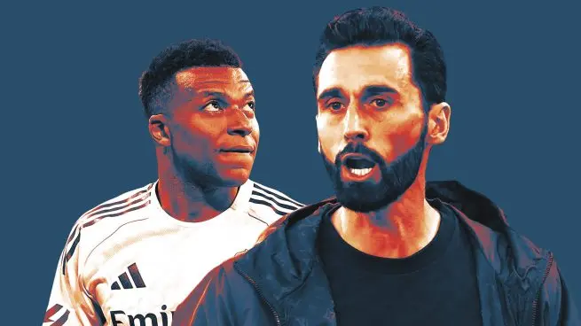 Stylized graphic of Kylian Mbappe and Alvaro Arbeloa illustrating the Mbappe Arbeloa misunderstanding at Real Madrid