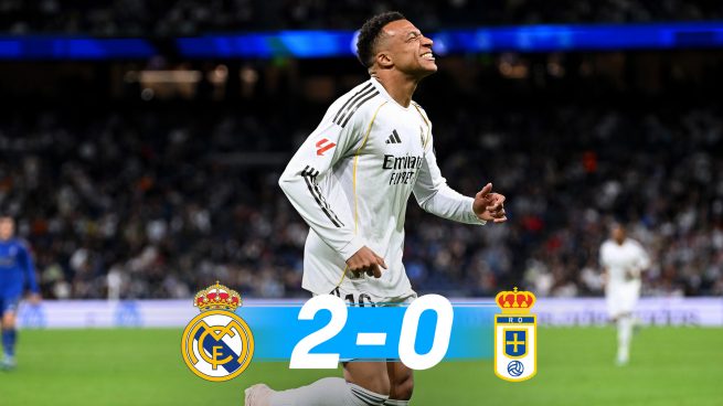 Mbappe Bernabeu boos story graphic showing a Real Madrid forward alongside the 2-0 score during the Oviedo win