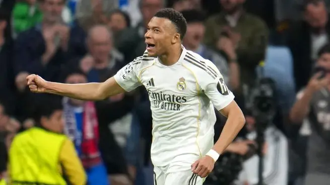 Mbappe Clasico injury update image showing Kylian Mbappe celebrating for Real Madrid before the Barcelona clash
