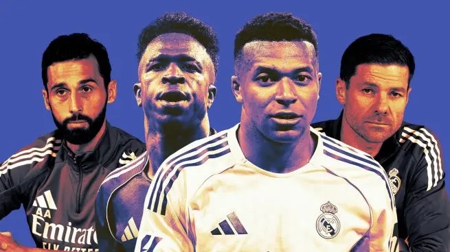 Mbappe Vinicius Real Madrid controversy graphic with two players and two coaches in a Real Madrid-themed design