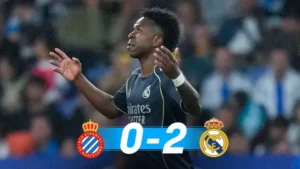 Real Madrid avoid guard of honor graphic shows a Madrid player celebrating after the 2-0 win over Espanyol.