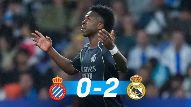 Real Madrid avoid guard of honor graphic shows a Madrid player celebrating after the 2-0 win over Espanyol.