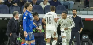 Real Madrid touchline scene during the Oviedo match as Real Madrid civil war talk grows around the club