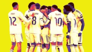Real Madrid dressing room crisis graphic showing several Real Madrid players huddled together on a bright yellow background
