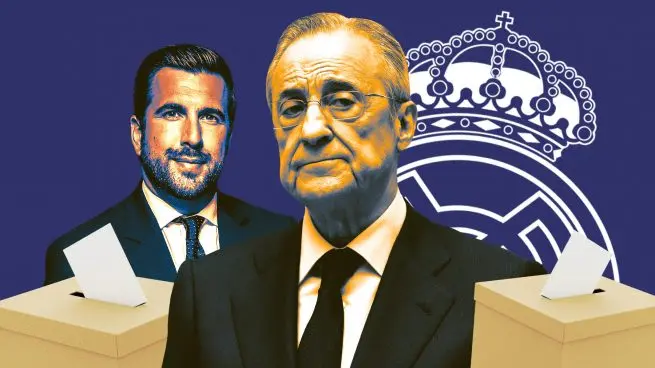 Illustration of two suited figures with ballot boxes and club imagery tied to the Real Madrid elections story