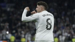 Real Madrid set Fede Valverde transfer price as PSG, Man City links heat up, with a Real Madrid player celebrating during a match