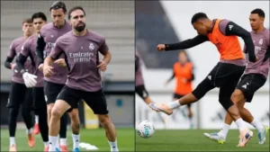 Real Madrid vs Oviedo team news image showing Dani Carvajal and Kylian Mbappé back in training before the Bernabéu match