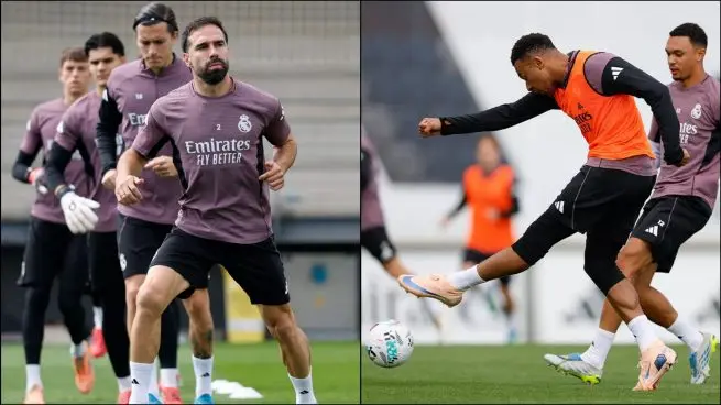 Real Madrid vs Oviedo team news image showing Dani Carvajal and Kylian Mbappé back in training before the Bernabéu match