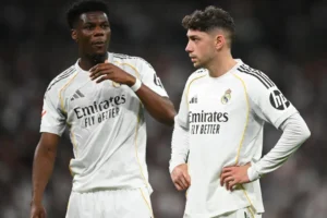 Federico Valverde and Aurelien Tchouameni during a Real Madrid match before the reported Valverde Tchouameni training clash ahead of El Clasico