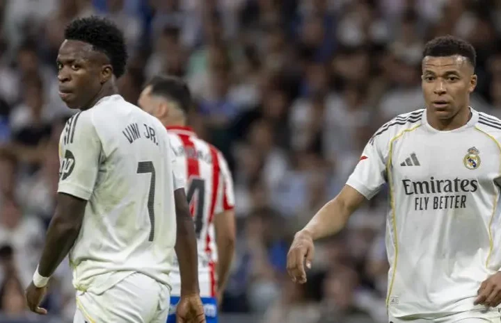 Vinicius and Mbappe Real Madrid dressing room story image showing two Real Madrid players during a match